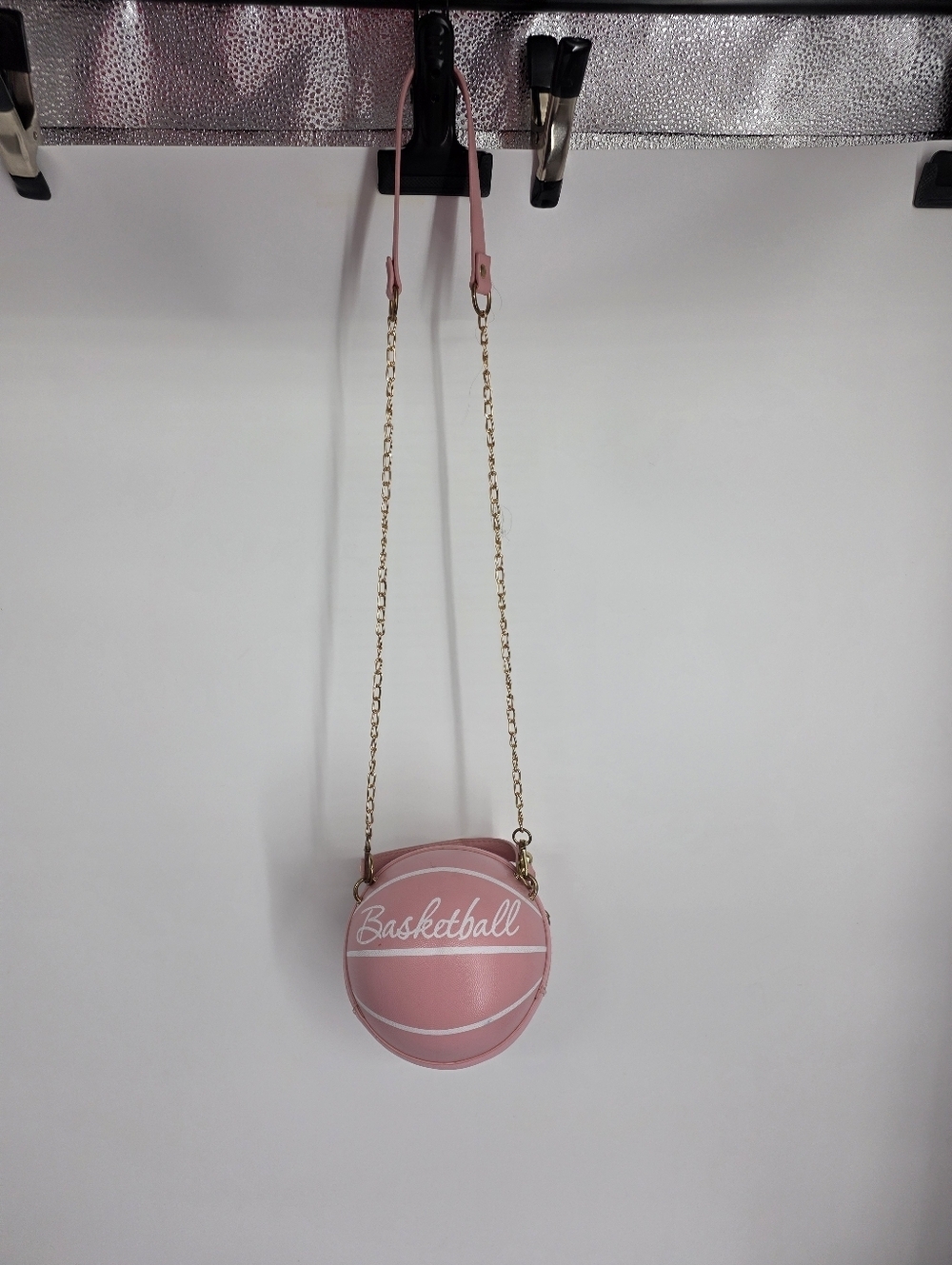 Pink Basketball Crossbody Bag Novelty Purse Round Sporty Y2K Kitsch Gold Chain